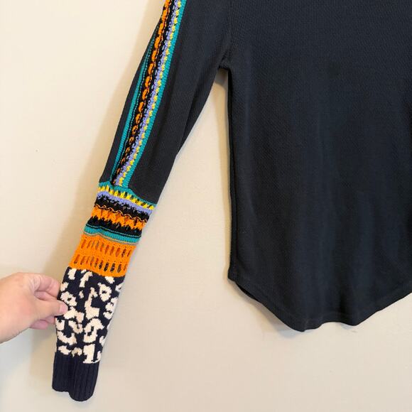 Free People Switch It Up Thermal Top M Black Waffle Hippie Crochet Warm Cozy - Picture 4 of 8